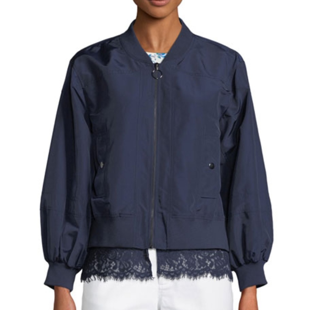 Casual Lace-Trim Bomber Jacket, Midnight Color, 6